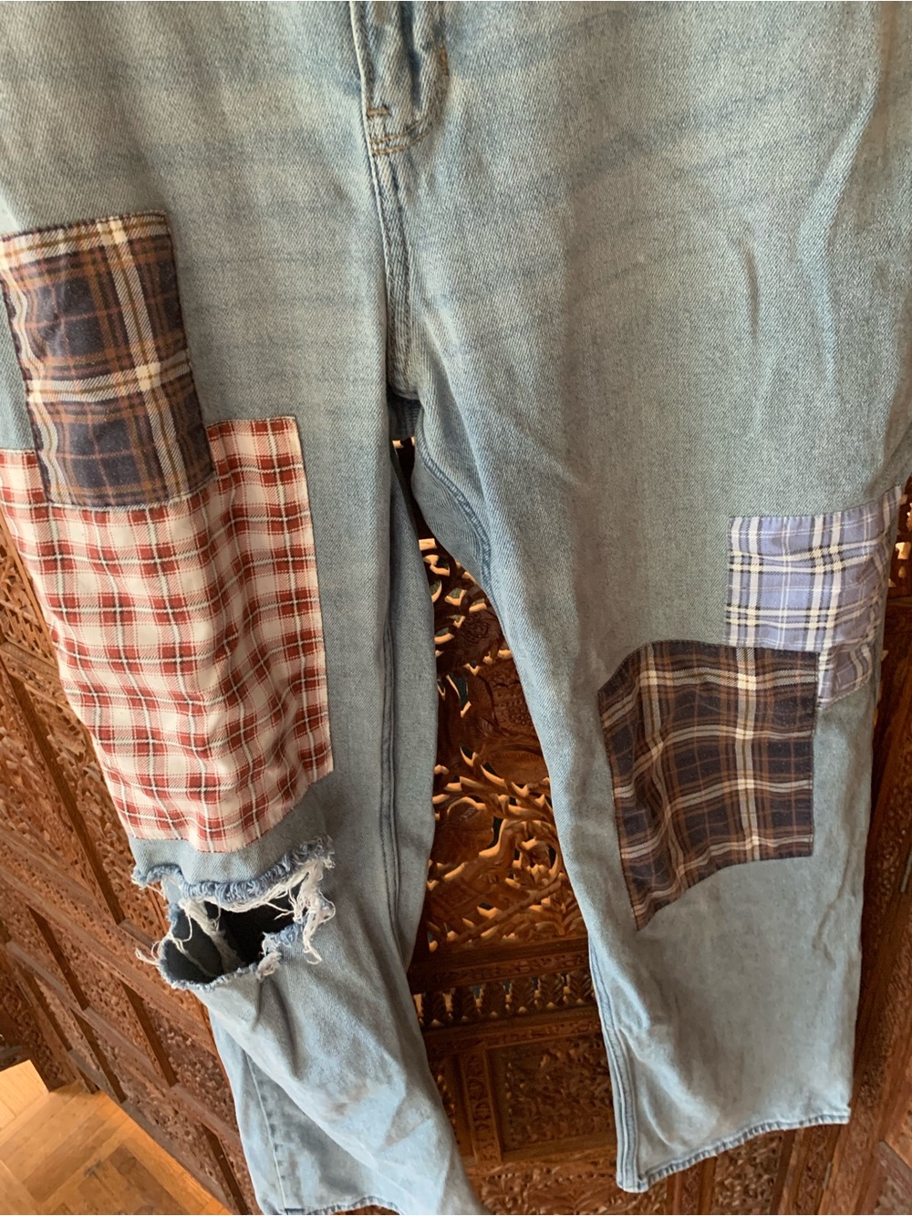 Hollister Light Blue Denim Jeans with Plaid Patchwork - Picture 2 of 2